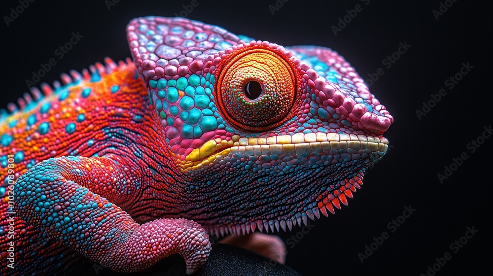 Obraz premium Chameleon Displaying Vibrant Green and Colorful Hues
