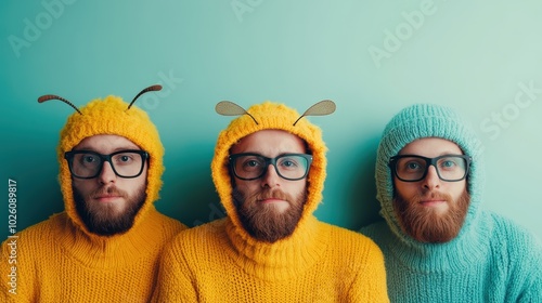 Three individuals clad in yellow, orange, and blue knit jumpsuits with whimsical headgear stand side by side, evoking unity through eclectic fashion and creativity. photo