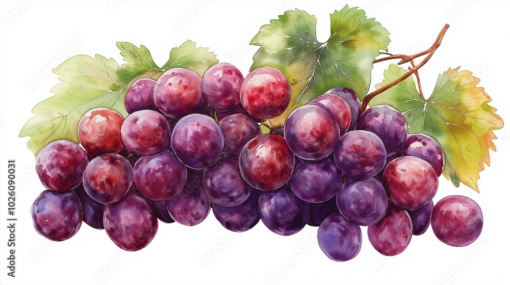 Fresh Red Grapes with Green Leaves in a Cluster Fresh Red Grapes with Green Leaves in a Cluster