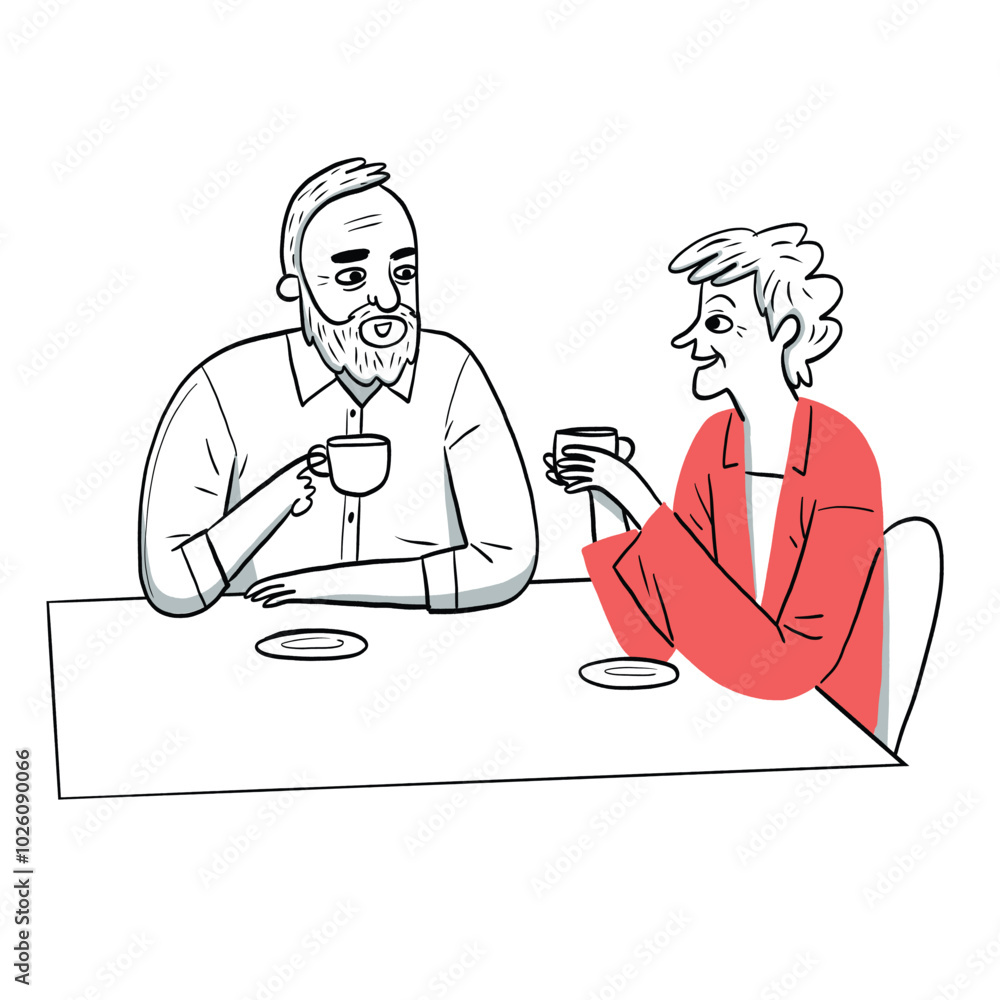 Elderly couple drinking coffee in a cafe in the afternoon, simple line drawing, hand drawing Elderly couple drinking coffee in a cafe in the afternoon, simple line drawing, hand drawing
