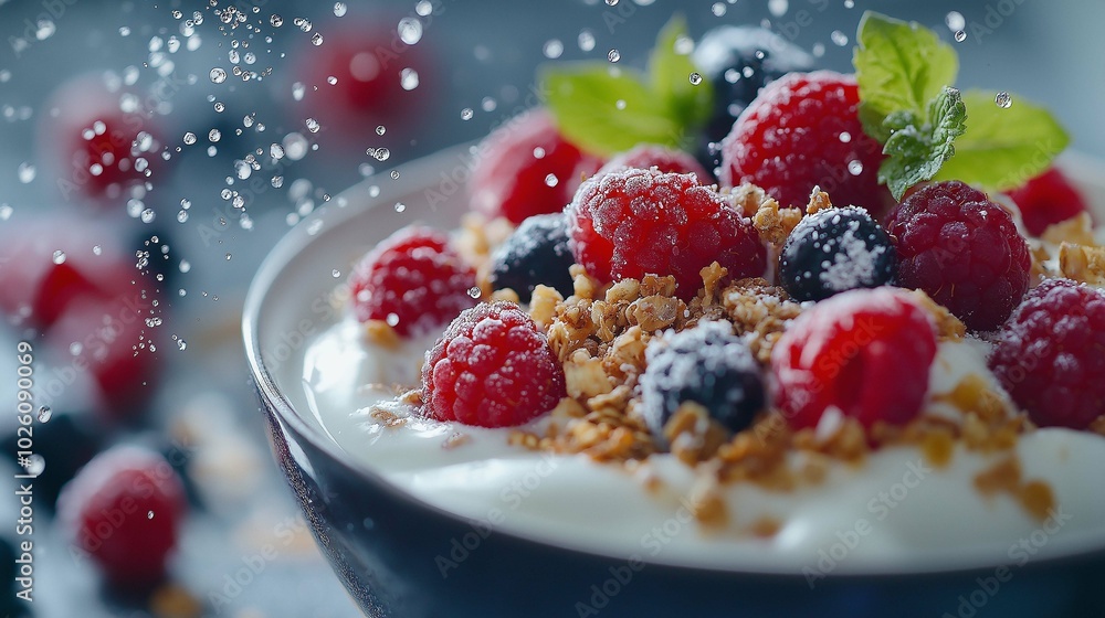 Fresh Berries Being Dropped into Yogurt Bowl Fresh Berries Being Dropped into Yogurt Bowl