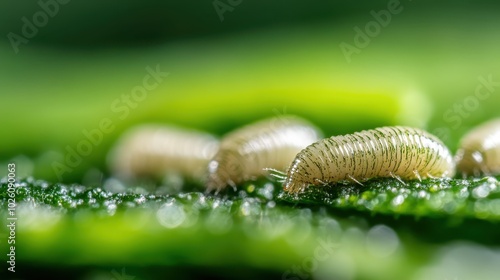 Tiny white millipedes meticulously crawl across a wet, glossy leaf, a macro exploration of their unique and often overlooked natural world. photo