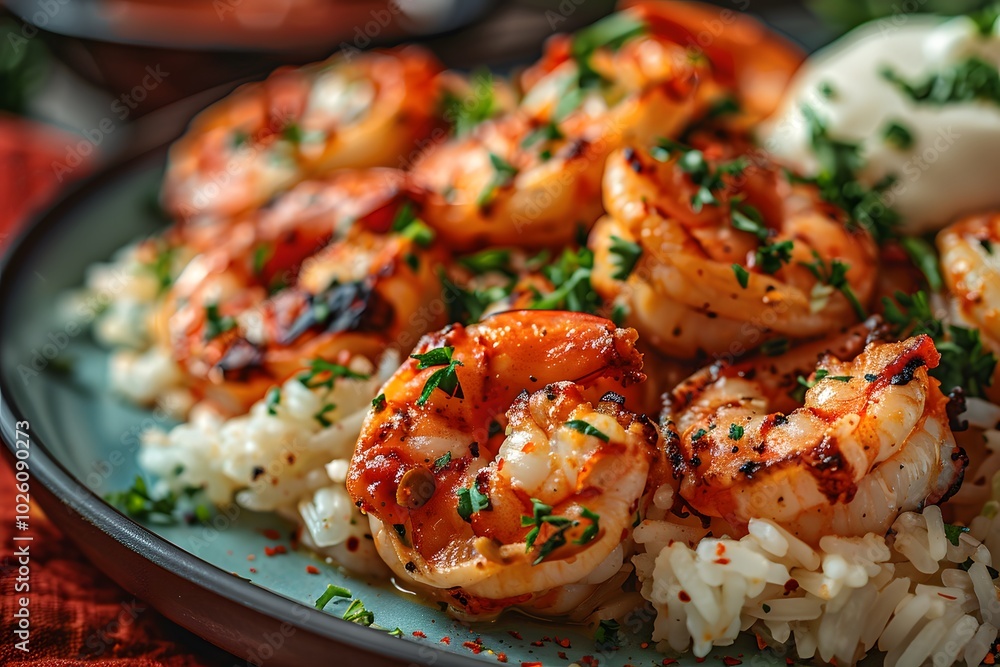 Juicy grilled shrimp served on a bed of fluffy rice, garnished with fresh parsley. Juicy grilled shrimp served on a bed of fluffy rice, garnished with fresh parsley.