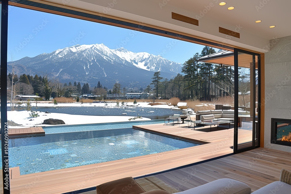 Fototapeta premium A breathtaking view from a luxurious, modern living space featuring a serene, partially frozen landscape with snow-draped mountains and a tranquil swimming pool