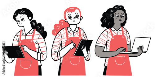 Young business women owned wear apron hand holding tablet ready for your order or manage food inventory stock for her coffee