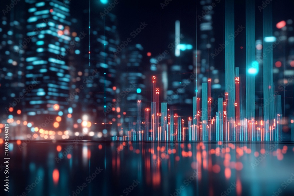Forex candlestick chart featuring big data insights, set against a blurry city background for trade and analytical focus Forex candlestick chart featuring big data insights, set against a blurry city background for trade and analytical focus