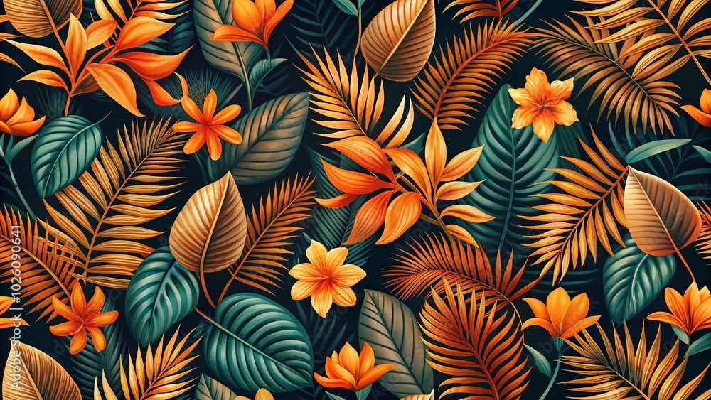 Tropical Seamless Pattern with Orange Elements for Fabric and Wallpaper Design Tropical Seamless Pattern with Orange Elements for Fabric and Wallpaper Design