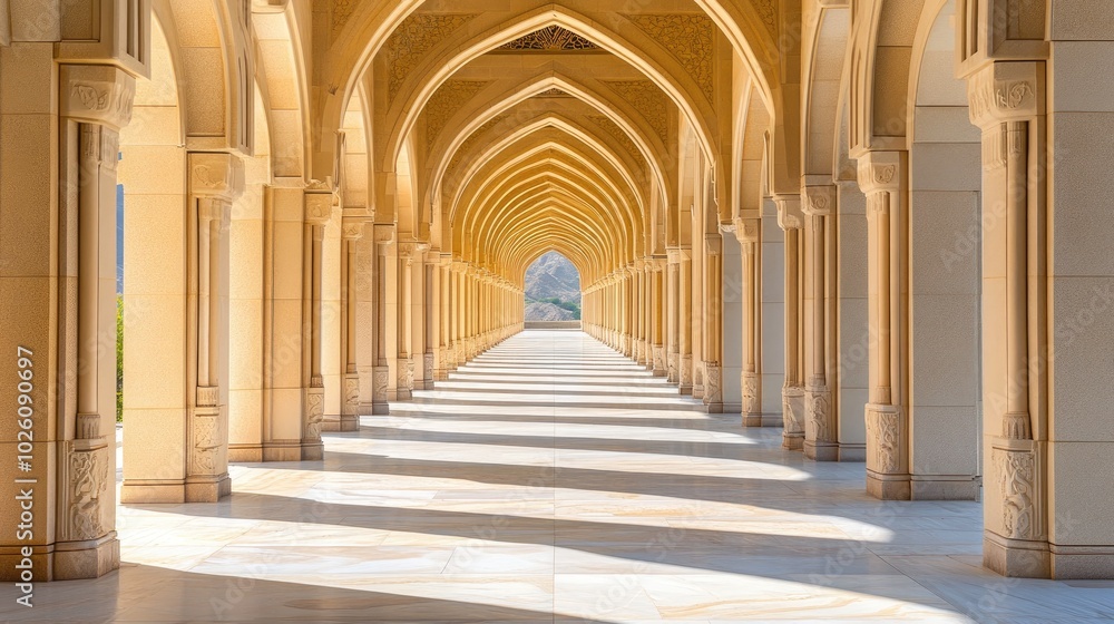 A long, symmetrical walkway with arches and pillars leading to a distant view of mountains, the sunlight creates long shadows on the floor. A long, symmetrical walkway with arches and pillars leading to a distant view of mountains, the sunlight creates long shadows on the floor.