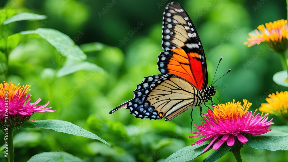 A vibrant butterfly perched on colorful flowers in a lush garden setting. A vibrant butterfly perched on colorful flowers in a lush garden setting.