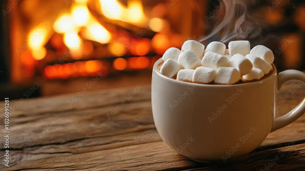 A mug of hot chocolate with marshmallows in it sits on a wooden table A mug of hot chocolate with marshmallows in it sits on a wooden table
