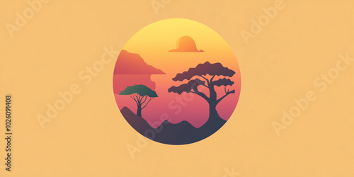 Africa. vector illustration of Africa, mountains, flat background. mountains, landscape. environmental friendly. sun over a mountain, sky , colorful image. representation icon logo. photo