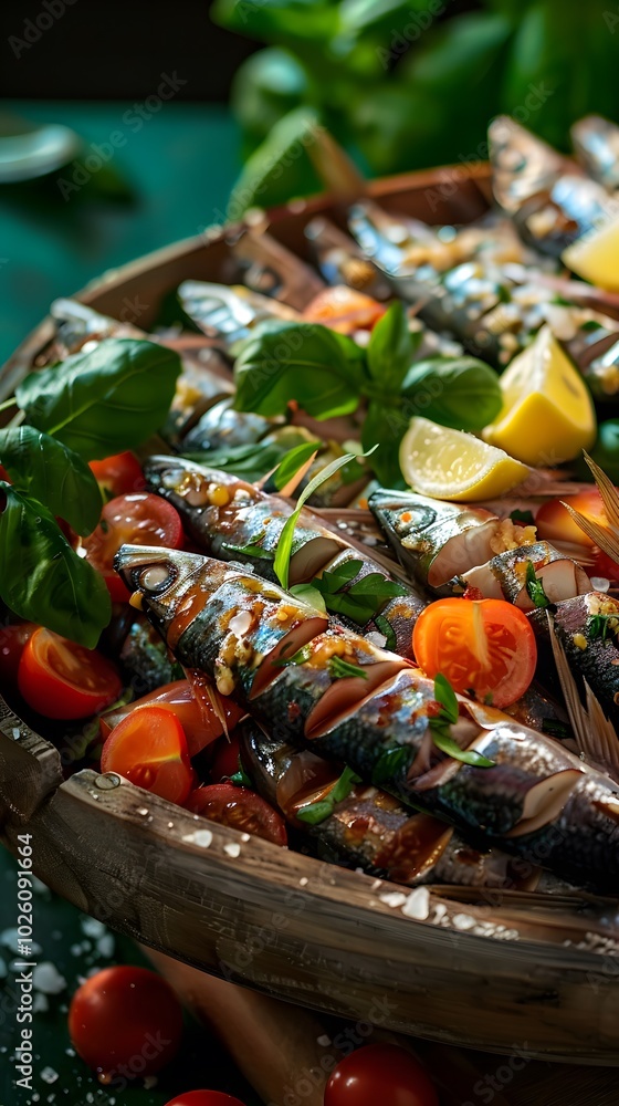 A vibrant display of grilled fish garnished with fresh herbs and tomatoes. A vibrant display of grilled fish garnished with fresh herbs and tomatoes.