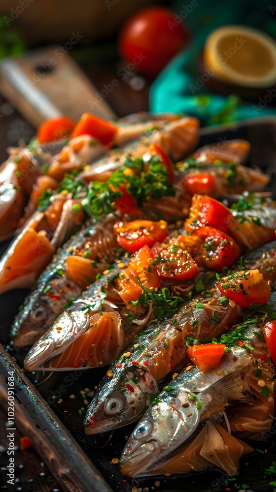 Delicious grilled fish garnished with fresh herbs and vibrant tomatoes. Delicious grilled fish garnished with fresh herbs and vibrant tomatoes.
