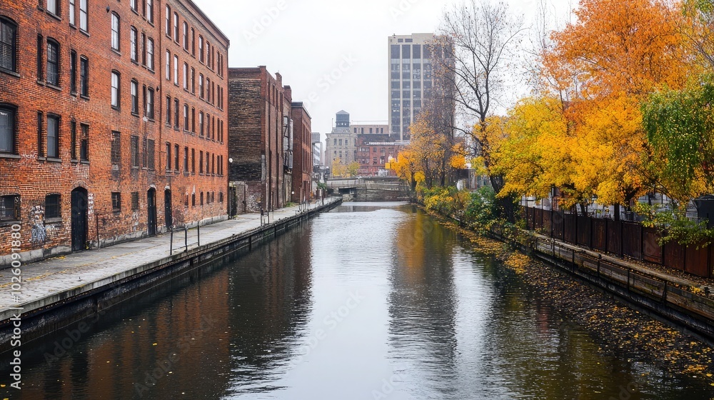 Fototapeta premium Autumn Reflection in Urban Canal Landscape
