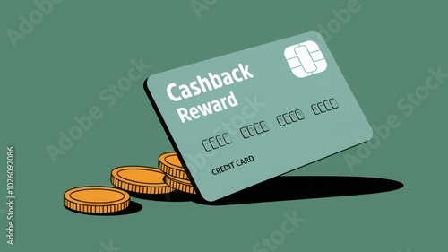 Credit card with cashback reward and coins, green background