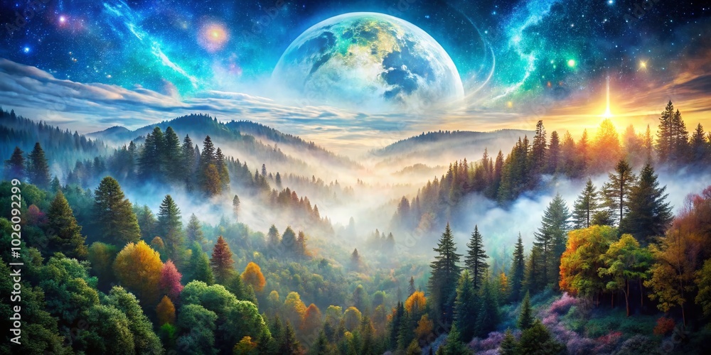 Obraz premium Ethereal Double Exposure of DMT Experience with Psychedelic Patterns and Nature Elements