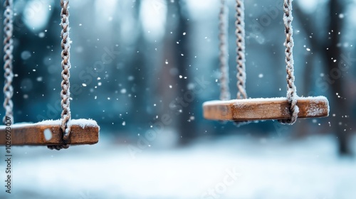 Wooden swings draped in snow hang quietly amidst falling snowflakes in a serene park, beautifully depicting the calm and stillness of a winter landscape. photo