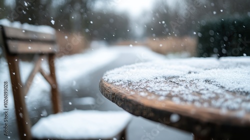 A round table layered with fresh snow captures winter's charm; a cozy outdoor setting with blurred trees and pathways beyond evokes nostalgia and tranquility.