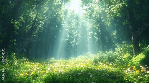 Sunlight Filtering Through Lush Green Forest Canopy