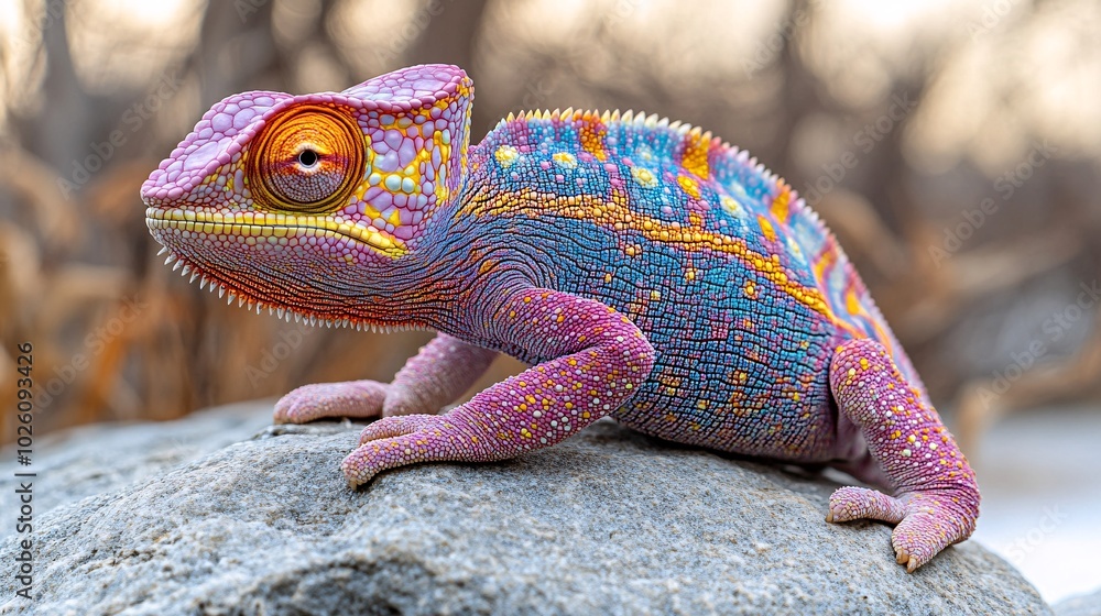 Colorful Chameleon Reflecting Sunlight in Nature Colorful Chameleon Reflecting Sunlight in Nature