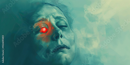 A disturbing dreamlike image of a patient's troubled face, their features hazy and indistinct, with a single, ominous red dot representing an untreated issue.