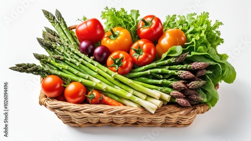 A vibrant basket of fresh vegetables including tomatoes, peppers, asparagus, and lettuce.