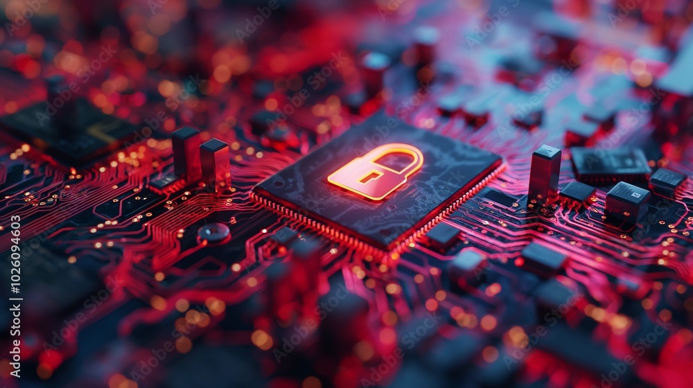 Fototapeta premium Cybersecurity Concept with Lock Icon on Circuit Board