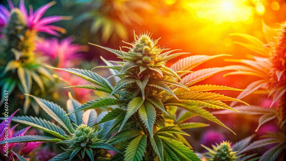 Feminized Cannabis Sativa Plants Growing Outdoors - Fashion Photography Style Feminized Cannabis Sativa Plants Growing Outdoors - Fashion Photography Style
