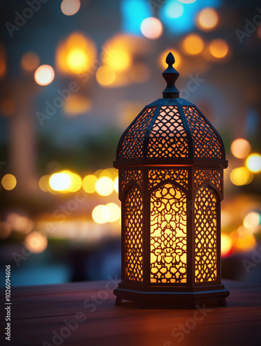 Arabic ramadan lantern glowing at night glittering bokeh lights background eid muslim holiday photo