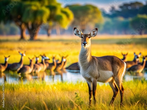 Female Waterbuck with Spurwinged Geese in Moremi Game Reserve - Bokeh Effect photo