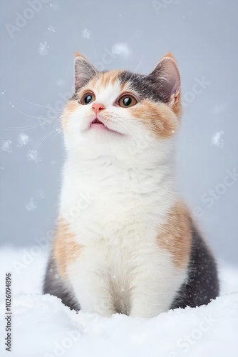 A heartwarming image of a small ginger cat with a white chest, standing in the snow, suitable for use in calendars, posters, or as a background image for winter-themed websites.