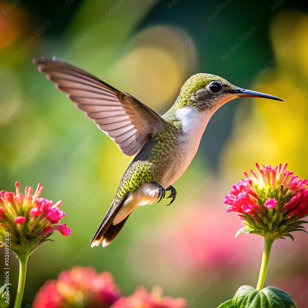 Fototapeta premium a hummingbird is perched on a flower with pink flowers.