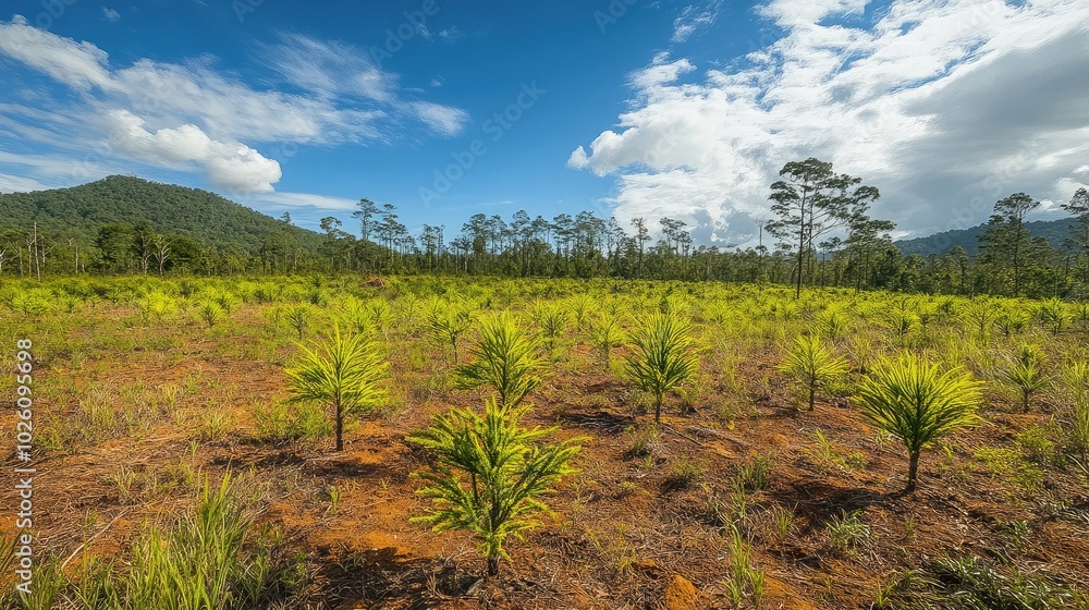 Lush Landscape with Young Pine Trees and Blue Sky Lush Landscape with Young Pine Trees and Blue Sky