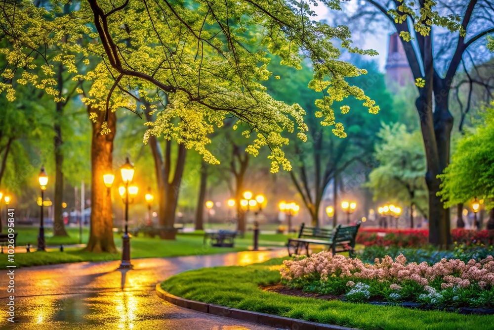 Fototapeta premium First Greens in City Park: Low Light Photography of Spring Awakening