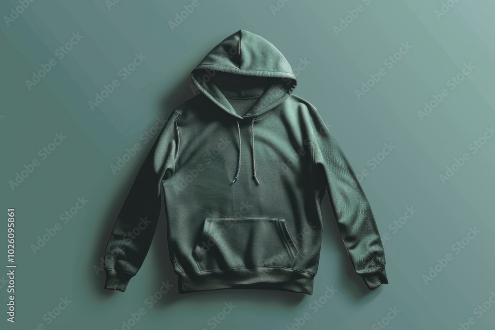 Dark green hoodie laid flat on a textured background in natural light Dark green hoodie laid flat on a textured background in natural light