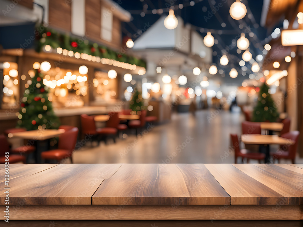 Empty wooden table and blurred Christmas background of abstract in front of coffee shop or restaurant for display of product or for montage. Empty wooden table and blurred Christmas background of abstract in front of coffee shop or restaurant for display of product or for montage.