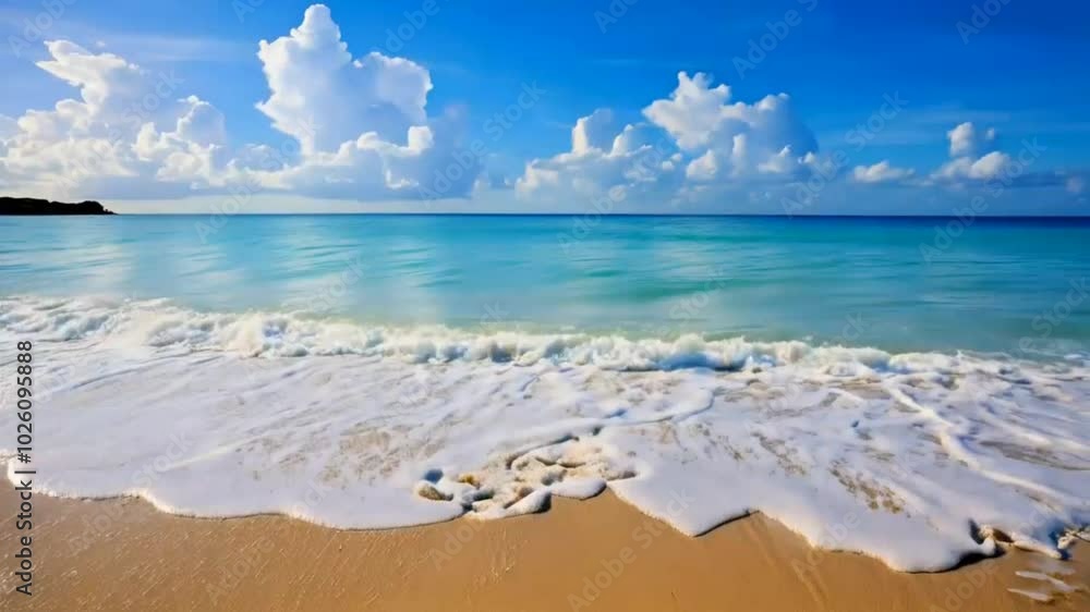 Tranquil beach scene with blue sky, white clouds, and gentle waves.
