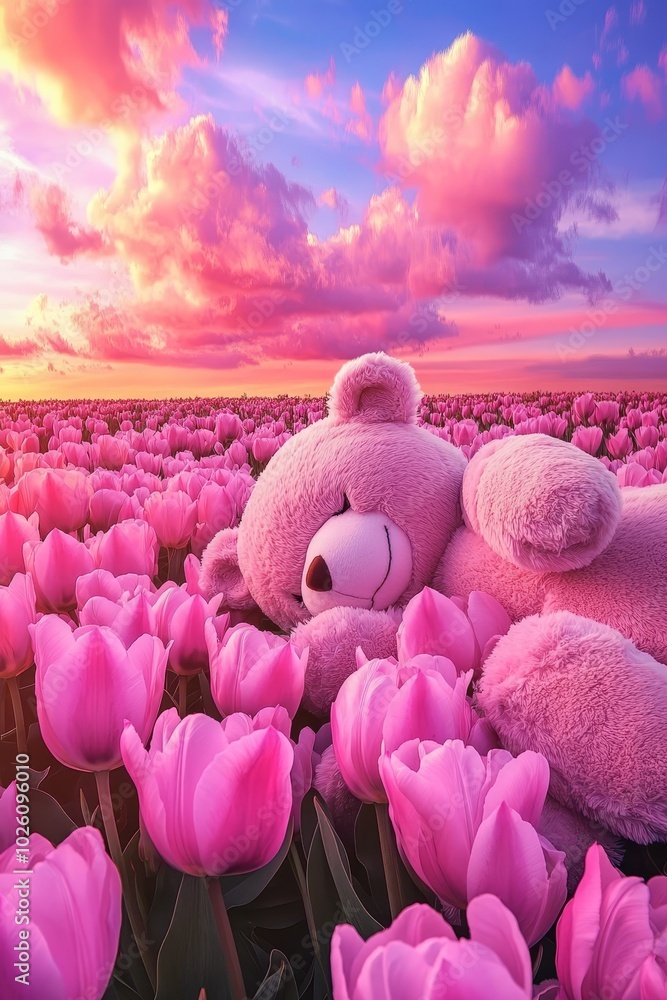 Obraz premium a large field of pink tulips, a giant plush toy bear sleeping on top of it, sky with pink and purple clouds, dreamy, surreal, beautiful