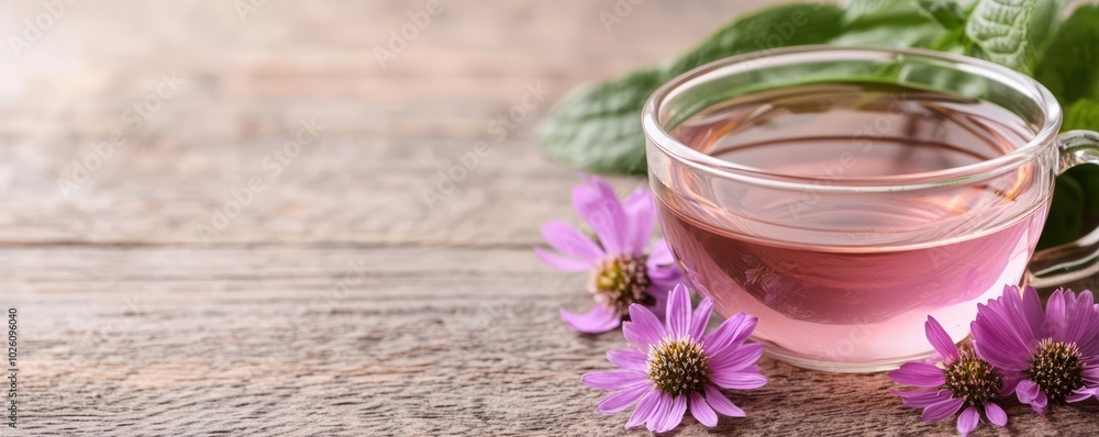 A cup of herbal tea with fresh flowers, set against a rustic wooden background. A cup of herbal tea with fresh flowers, set against a rustic wooden background.