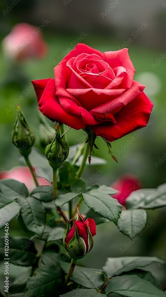 Vibrant red rose blooming amidst lush green leaves. Vibrant red rose blooming amidst lush green leaves.