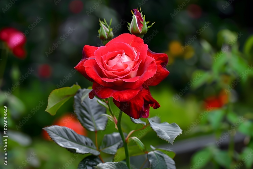 Vibrant red rose in full bloom surrounded by lush green foliage. Vibrant red rose in full bloom surrounded by lush green foliage.