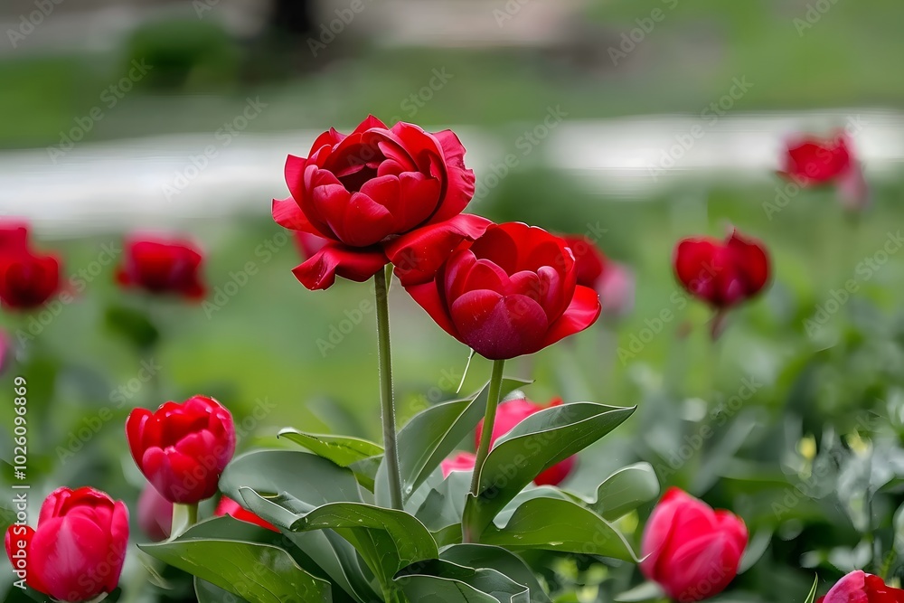 Vibrant red tulips in full bloom during a sunny day. Vibrant red tulips in full bloom during a sunny day.