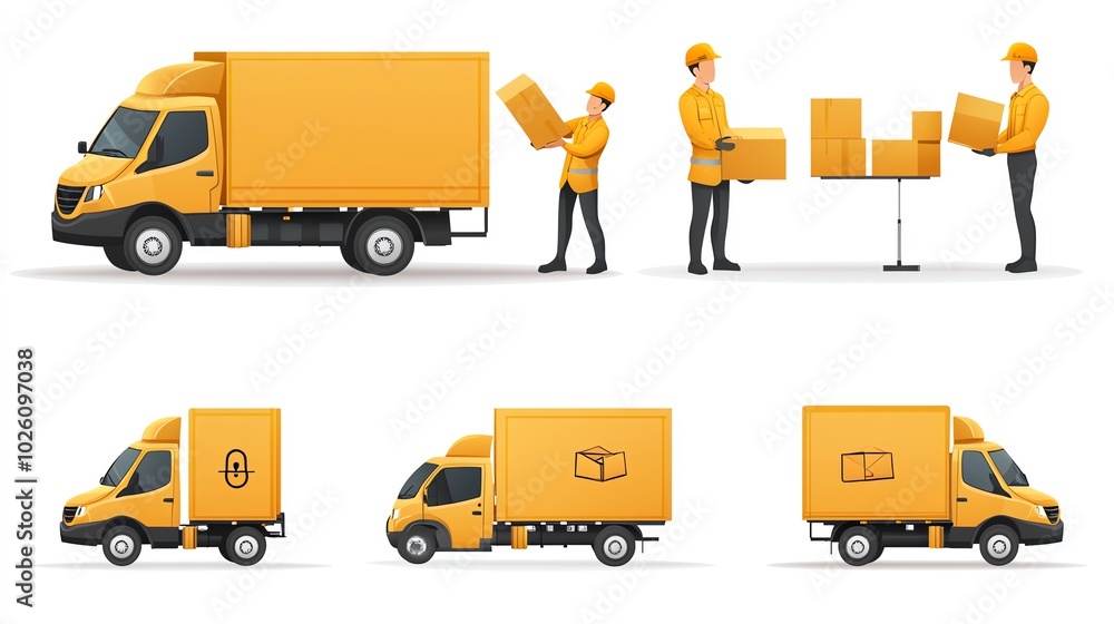 Delivery Truck Workers Loading Boxes Package Service Transportation Delivery Truck Workers Loading Boxes Package Service Transportation
