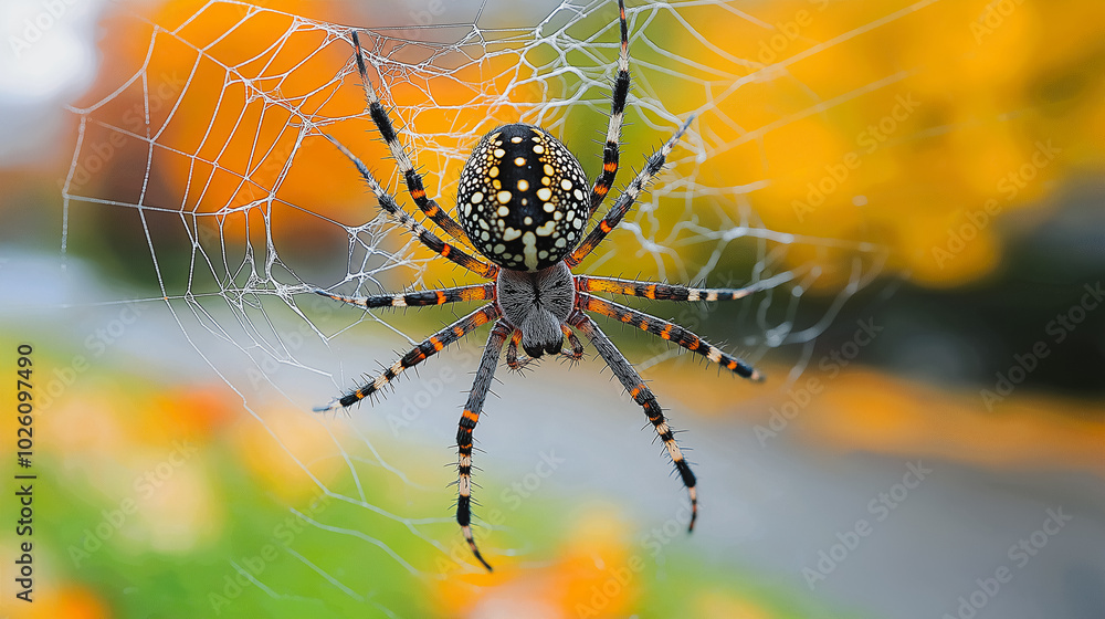 A spider is sitting on a web in the middle of a field. The spider is black and orange with white spots. The spider is looking up at the camera A spider is sitting on a web in the middle of a field. The spider is black and orange with white spots. The spider is looking up at the camera