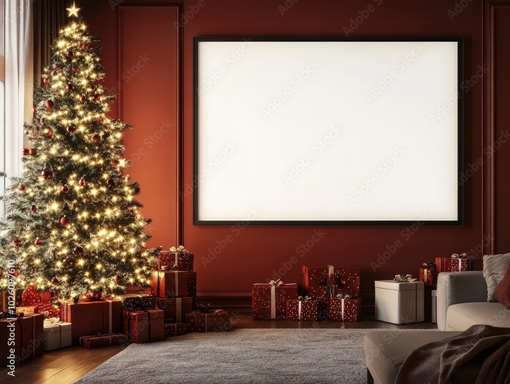 A photograph of a large white picture Rectangular frame hanging on the wall in a cozy living room. A Christmas tree and presents are arranged around it A photograph of a large white picture Rectangular frame hanging on the wall in a cozy living room. A Christmas tree and presents are arranged around it