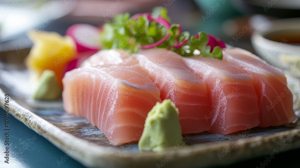 Beautifully arranged sashimi-grade fish on a traditional plate, garnished with wasabi and colorful radish, perfect for a food promotional banner Beautifully arranged sashimi-grade fish on a traditional plate, garnished with wasabi and colorful radish, perfect for a food promotional banner