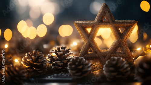 A decorative Star of David surrounded by pinecones and warm lights during Hanukkah celebration photo