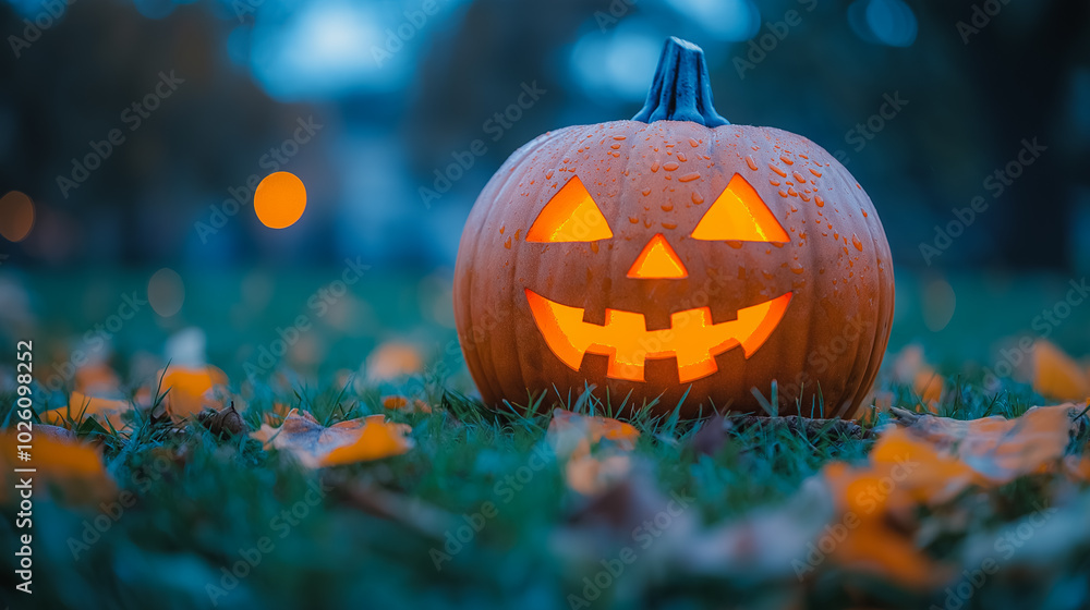 Naklejka premium A pumpkin with a smiley face on it is sitting on the ground. The pumpkin is orange and has a green stem. The scene is set in a grassy area with leaves scattered around. Scene is cheerful and festive