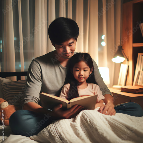 Father and Daughter Reading a Story Before Bed photo