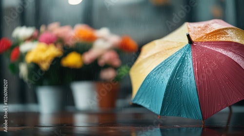 A striking multicolored umbrella, wet with rain, competes with the defocused bright blossoms adorning pots on a wet wooden floor outside, symbolizing resilience. photo